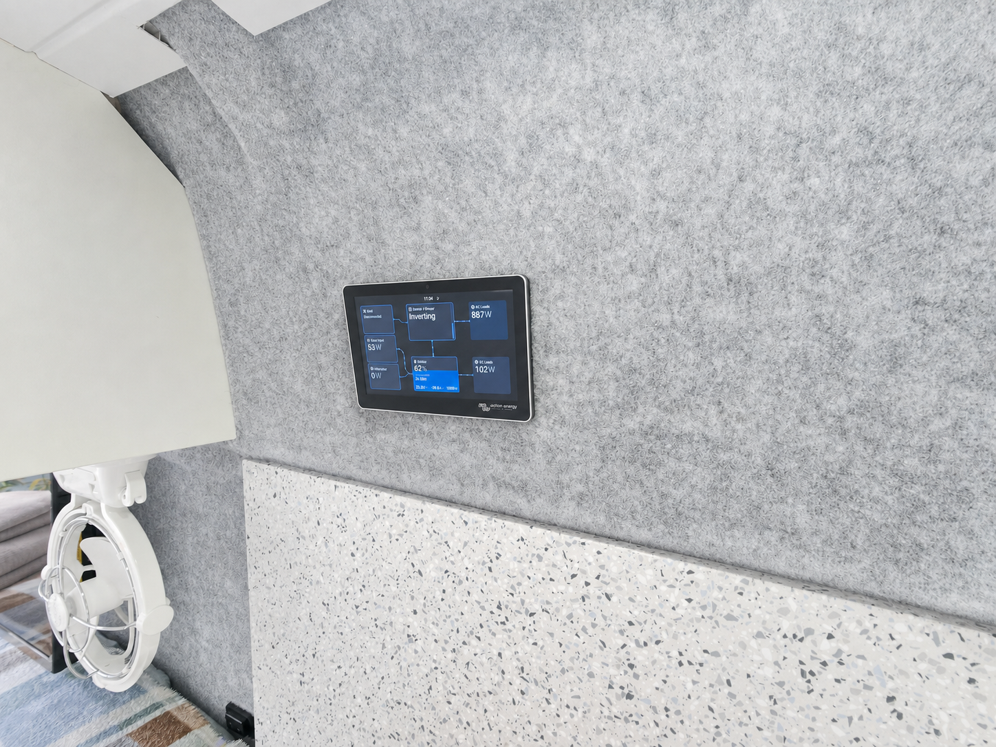 Victron Cerbo GX touch display mounted above the sink